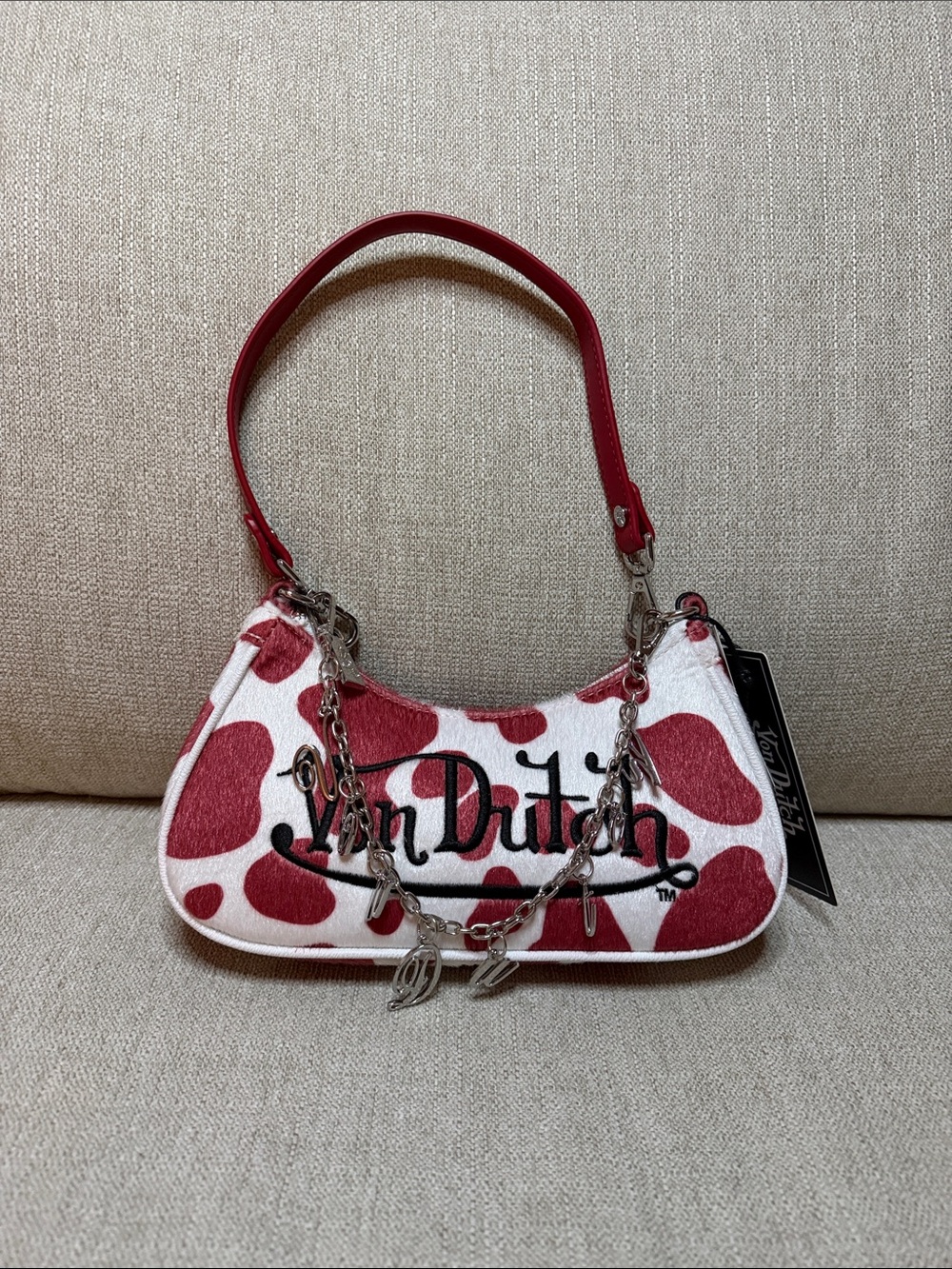 Von Dutch Red and White Cowprint Shoulder Bag with Silver Chain Charm